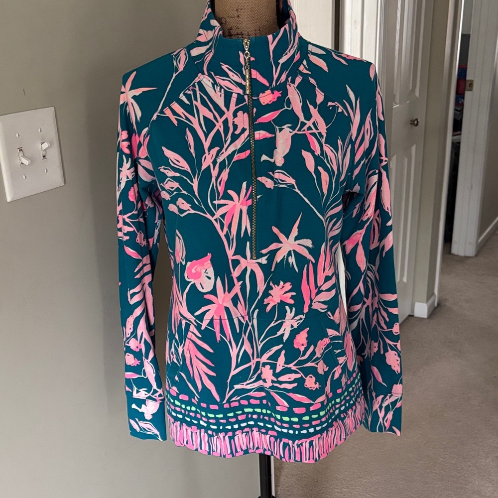 Lilly Pulitzer Teal and Pink Floral Popover crewneck 1/2 zip sweatshirt size med